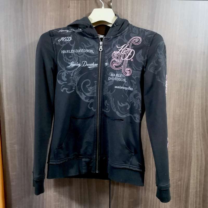 Harley Davidson Women Sz Medium Black And Pink Zip Up Hoodie Embroidered Bling.