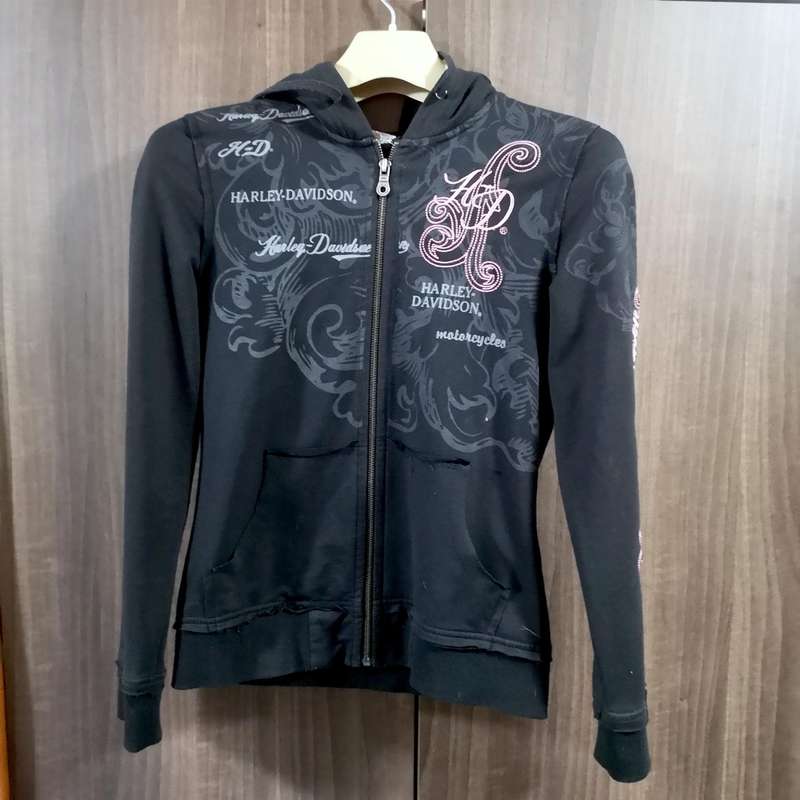 Harley Davidson Women Sz Medium Black And Pink Zip Up Hoodie Embroidered Bling.