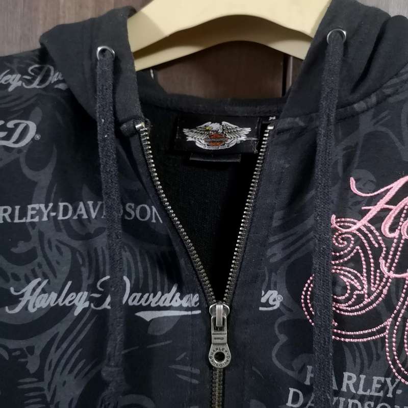 Harley Davidson Women Sz Medium Black And Pink Zip Up Hoodie Embroidered Bling.