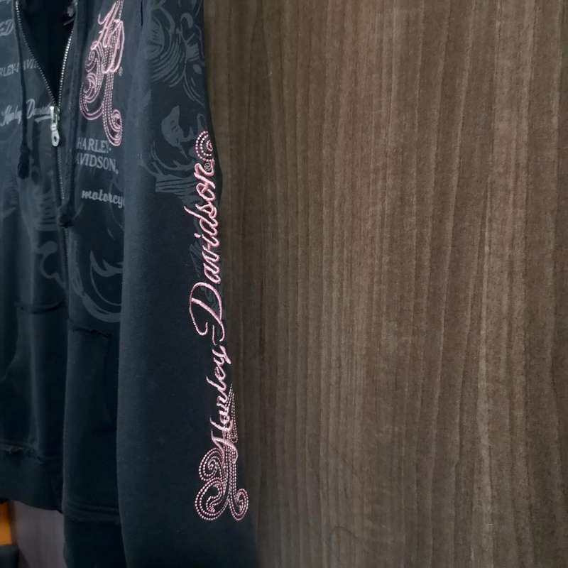 Harley Davidson Women Sz Medium Black And Pink Zip Up Hoodie Embroidered Bling.