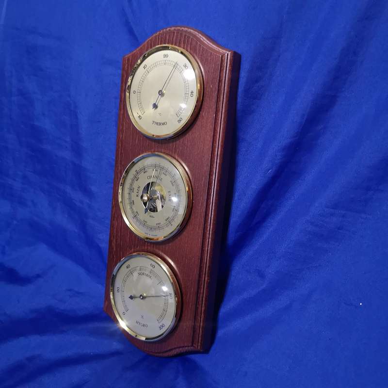 Weather Station Temperature, Barometer, Humidity. 3 Gauge Wood Wall Hanging- Made in Germany