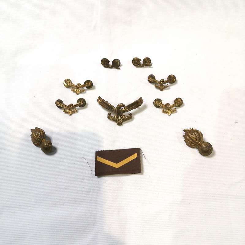 Collection of South African Air Force (SAAF) badges and insignia, primarily featuring cap badges and