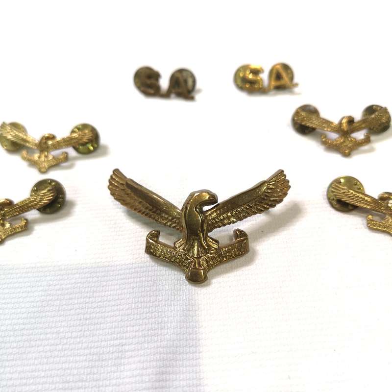 Collection of South African Air Force (SAAF) badges and insignia, primarily featuring cap badges and