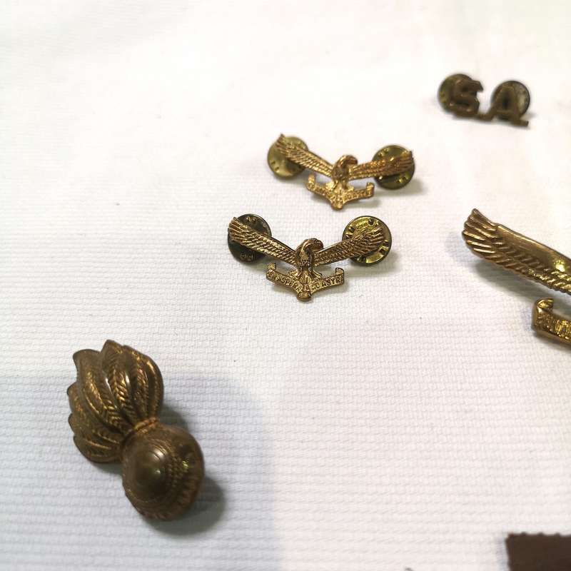 Collection of South African Air Force (SAAF) badges and insignia, primarily featuring cap badges and