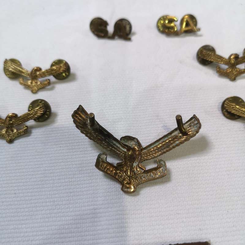 Collection of South African Air Force (SAAF) badges and insignia, primarily featuring cap badges and