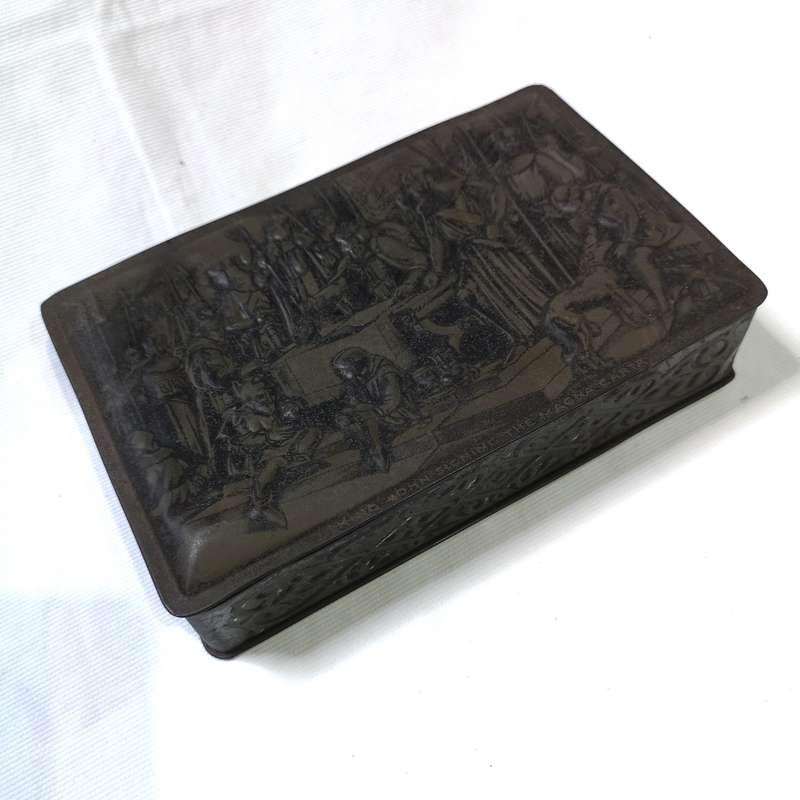 Vintage Embossed Metal "JOHN MACKINTOSHS TOFFEE TIN HALIFAX ENGLAND"