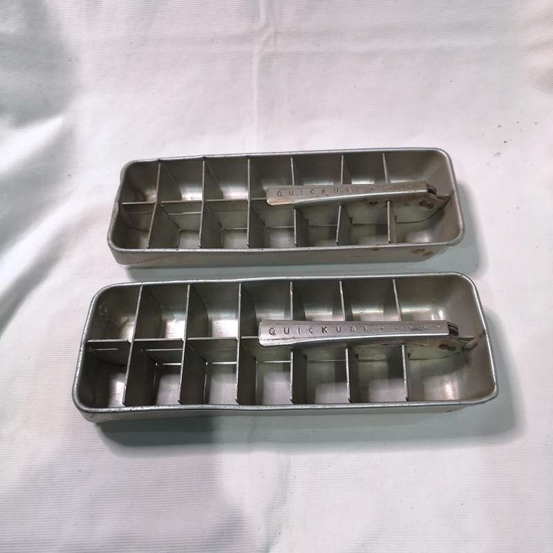 Two Vintage Frigidaire Quickube Aluminum Ice Cube Tray with Quick Release Arm, 1950's