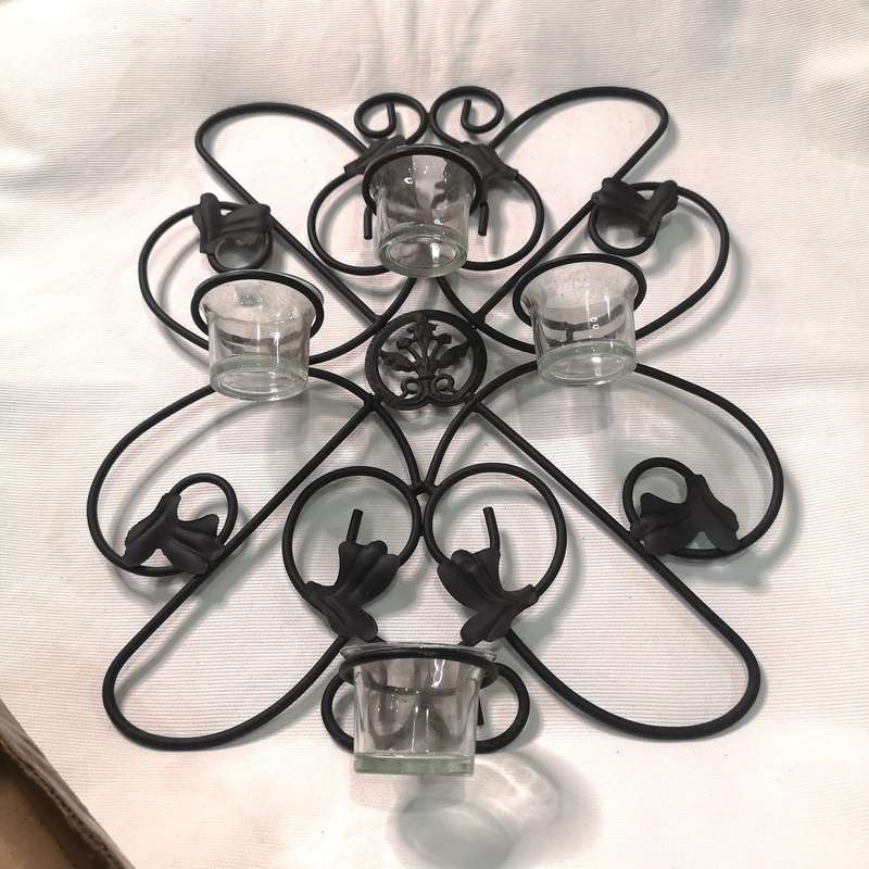 Curved Sconce Wrought Iron Wall Mount Votive Candle Holder 4 Light Cross- Vintage