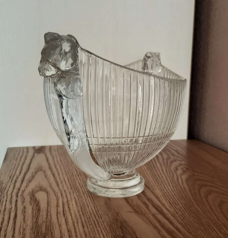 Kosta Boda Crystal bowl with horse head handles,Kjell Engman for Kosta Boda