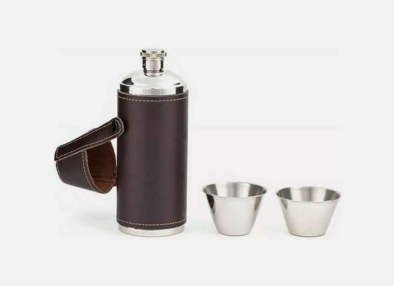 Genuine Tan Leather & Stainless Steel 8oz Hunter Hip Flask & Cups