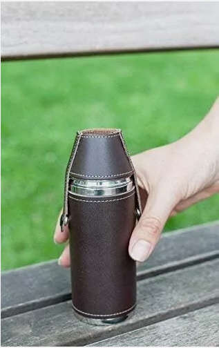 Genuine Tan Leather & Stainless Steel 8oz Hunter Hip Flask & Cups