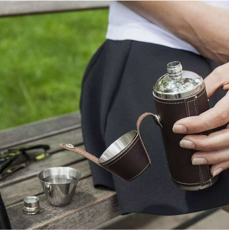 Genuine Tan Leather & Stainless Steel 8oz Hunter Hip Flask & Cups