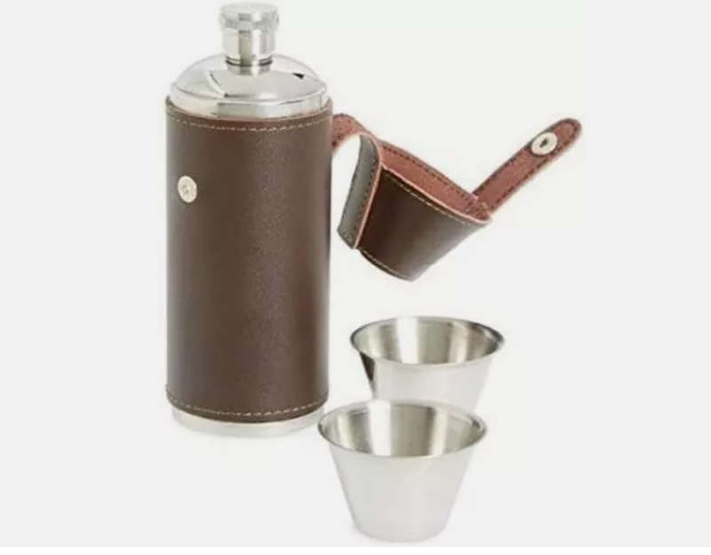 Genuine Tan Leather & Stainless Steel 8oz Hunter Hip Flask & Cups