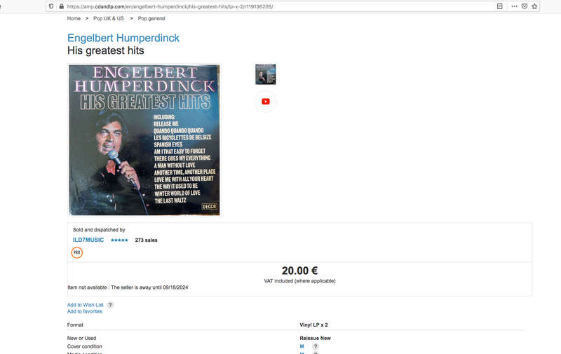 Engelbert Humperdinck  His Greatest Hits- LP
