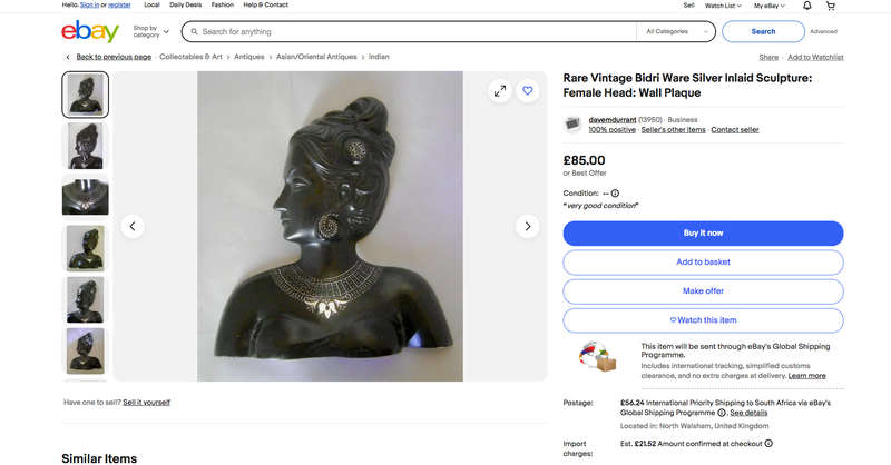 Vintage INDIAN Bidri Metal Sculptual Figure / Wall Hanging of a Lady. With Decorative Silver Inlays