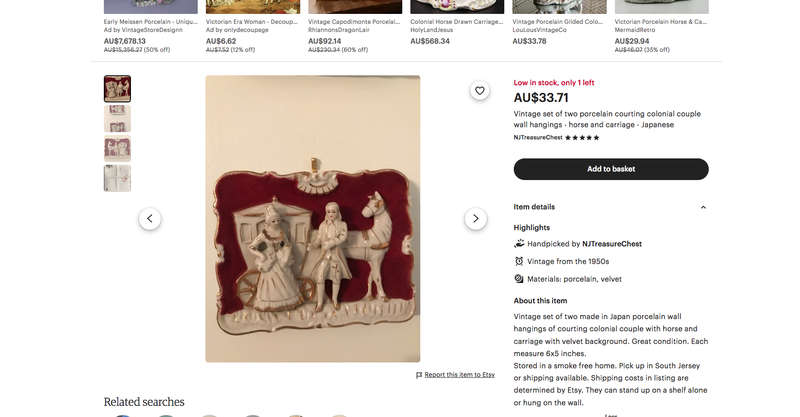 Vintage porcelain courting colonial couple wall hangings - horse and carriage - Japanese