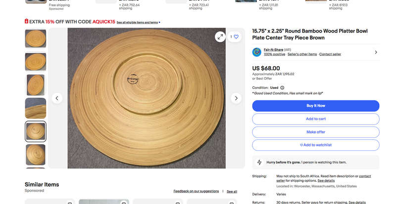 Round Bamboo Wood Platter Bowl Plate Center Tray Piece Brown- 455mm Diameter