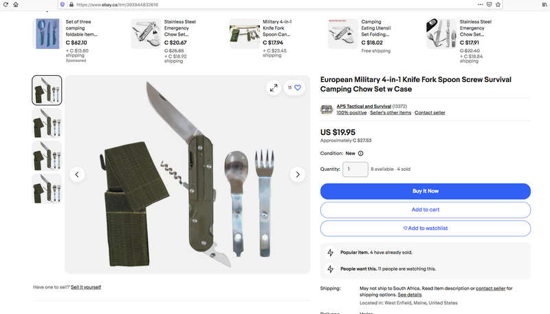 European Military 4-in-1 Knife Fork Spoon Screw Survival Camping Chow Set w Case