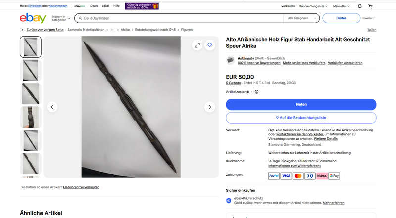 Old African Hard Wood Figure Spear Handcrafted- Bronze Inlay- 650mm- sold as set