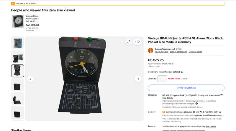 Vintage BRAUN Quartz AB314 SL Travel Alarm Clock Black Pocket Size Made In Germany
