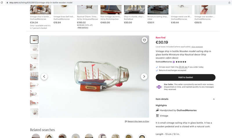 Vintage Sailing Ship in a Bottle- Handmade