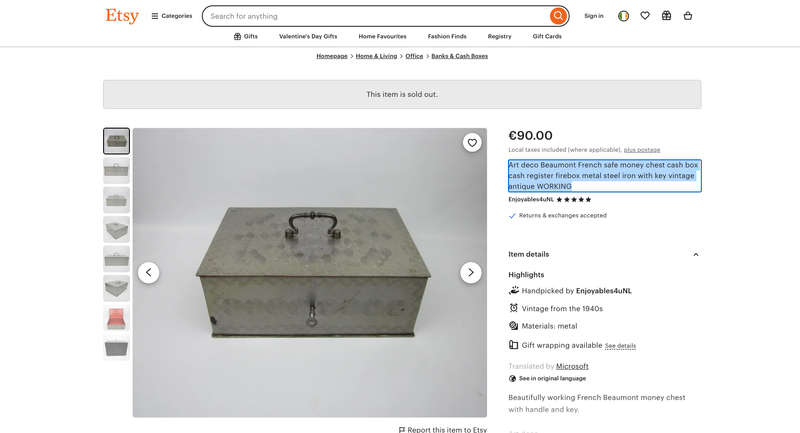 French Antique Steel Money Box, Beaumont Cash Box, Safe Box, Strong Box, Keepsake