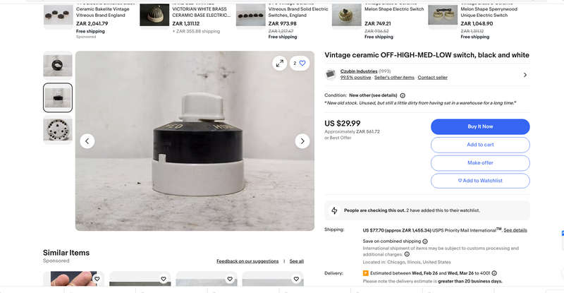 Vintage ceramic OFF-HIGH-MED-LOW switch, black and white. Made in England
