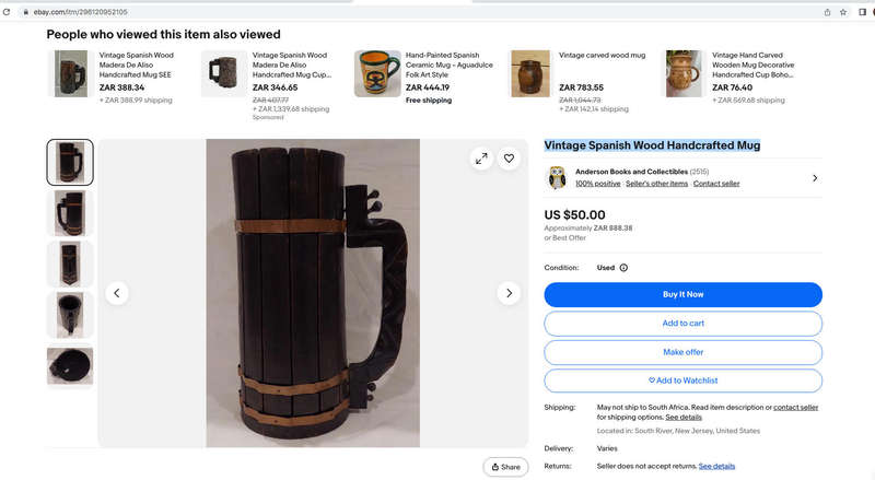 Vintage Spanish Wood & Copper Large Handcrafted Stein