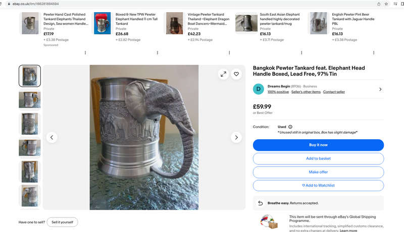 Bangkok Pewter Tankard feat. Elephant Head Handle, Lead Free, 97% Tin