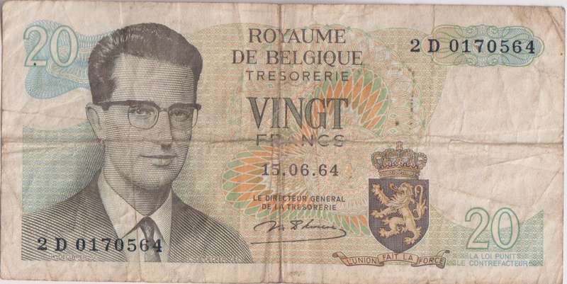 Belgium, 20 Francs, 1964, P-138, VG