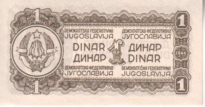Yugoslavia 1 Dinar Banknote 1944  UNC (WORLD WAR 2)