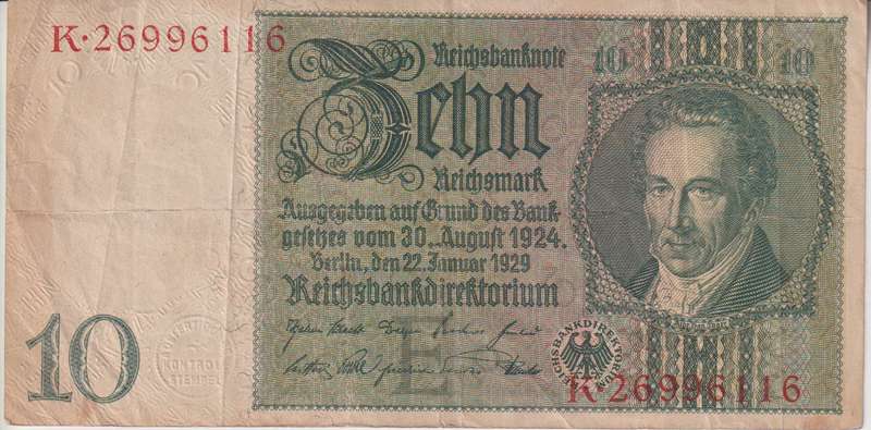 Germany, 10 Mark, Reichbanknote 1929 P180a VF