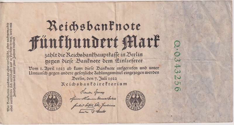 Germany, 500 Mark, Reichbanknote 1922 P74b VF