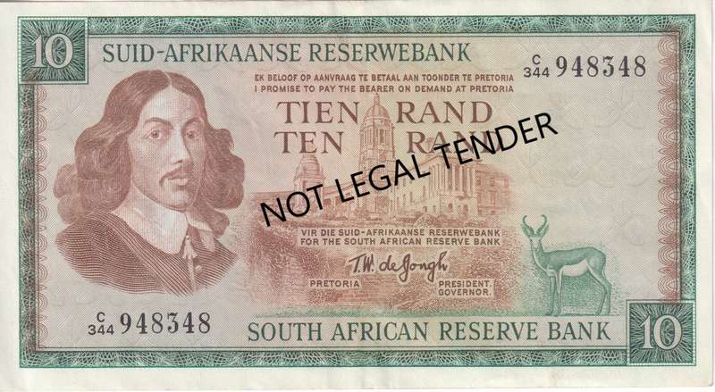 REPUBLIC OF SOUTH AFRICA - 10 RAND T.W.de Jongh C/344 1975 A/E 520 XF