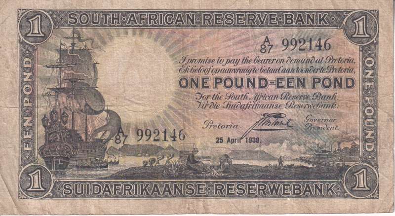 UNION OF SOUTH AFRICA - ONE POUND - J.POSTMUS - APRIL 1938 - E/A - A/87 - #96 VF