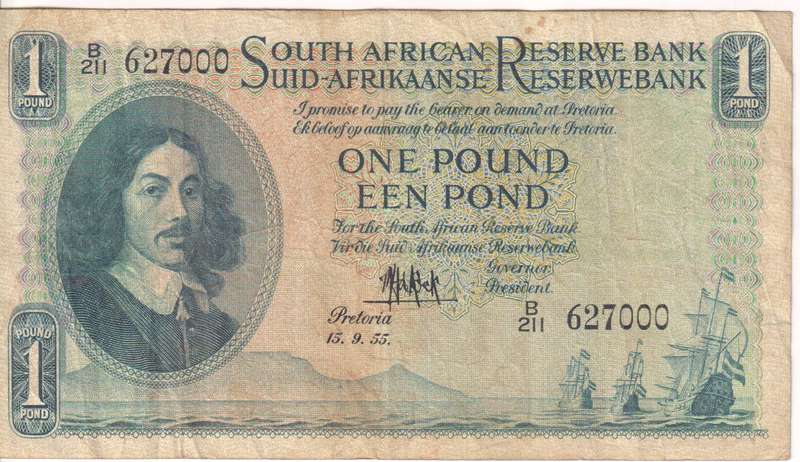 UNION OF SOUTH AFRICA - 1 POUND M.H. de Kock B/211 E/A 1955 #137 VF