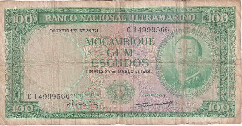 Mozambique 100 Escudos 1961 P109 VF (WITHOUT OVERPRINT)
