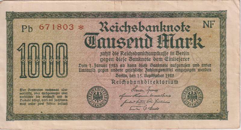 Germany 1000 Mark 1922, P-76  RED SERIAL NUMBER