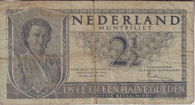 NETHERLANDS 2 ½ GULDEN 1949 P7 F