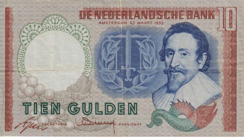 NETHERLANDS 10 GULDEN 1953 P85 VF