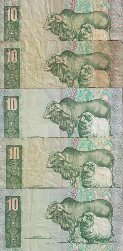SOUTH AFRICA - 5 X CL STALS TEN RAND NOTES - USED