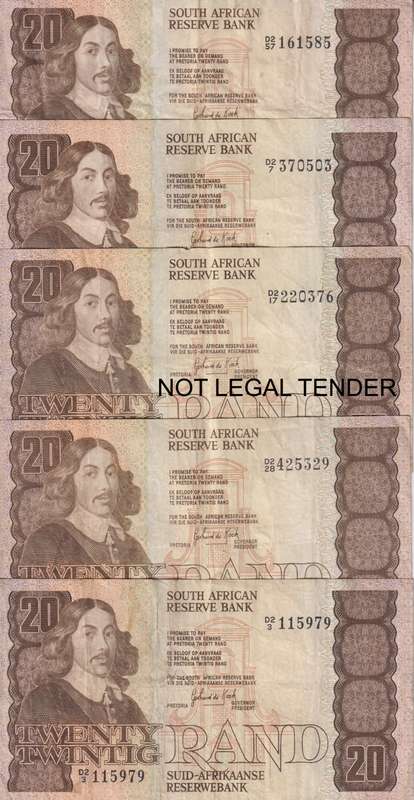 SOUTH AFRICA - 5 X GERHARD DE KOCK TWENTY RAND NOTES - USED