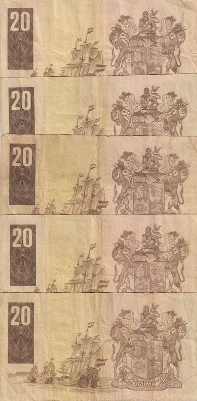 SOUTH AFRICA - 5 X GERHARD DE KOCK TWENTY RAND NOTES - USED