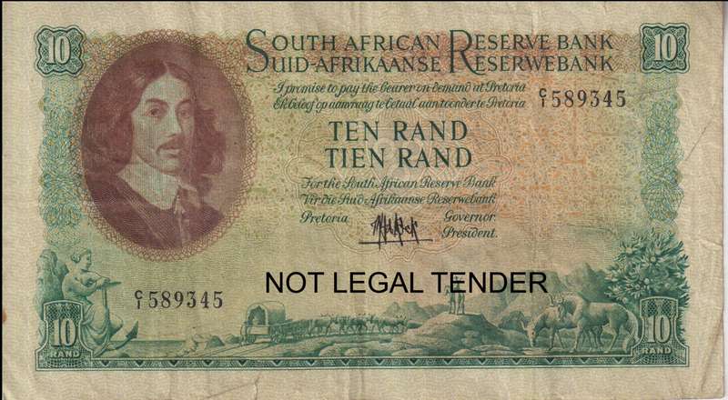 REPUBLIC OF SOUTH AFRICA - 10 RAND M.N. DE KOCK  ENG/AFR  VG Condition