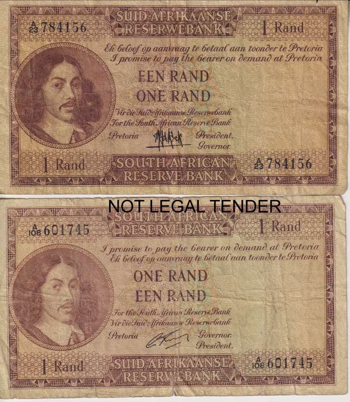 REPUBLIC OF SOUTH AFRICA - 2 X ONE RAND G.RISSIK/DE KOCK  ENG/AFR & AFR/ENG  VG Condition