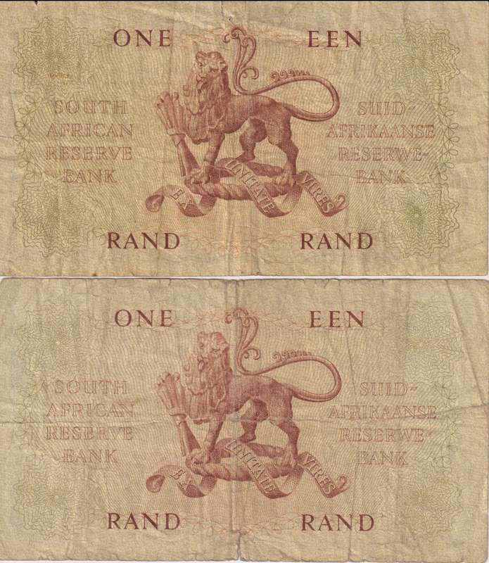 REPUBLIC OF SOUTH AFRICA - 2 X ONE RAND G.RISSIK/DE KOCK  ENG/AFR & AFR/ENG  VG Condition