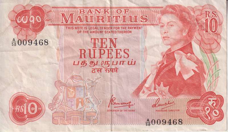 MAURITIUS 10 RUPEES 1967-82  P31 VF