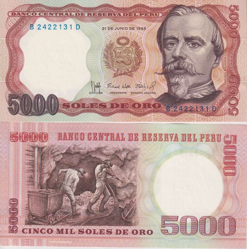 Peru 5,000 Soles de Oro Banknote, 1985, P-117c, UNC