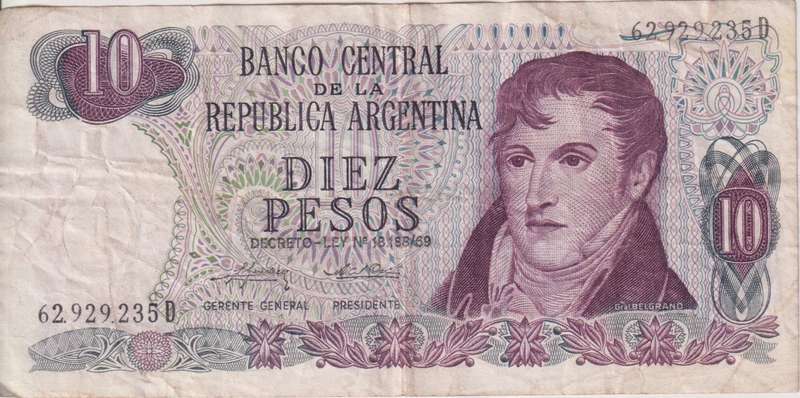 ARGENTINA 10 PESOS - 1973/76 P295a.3 VF