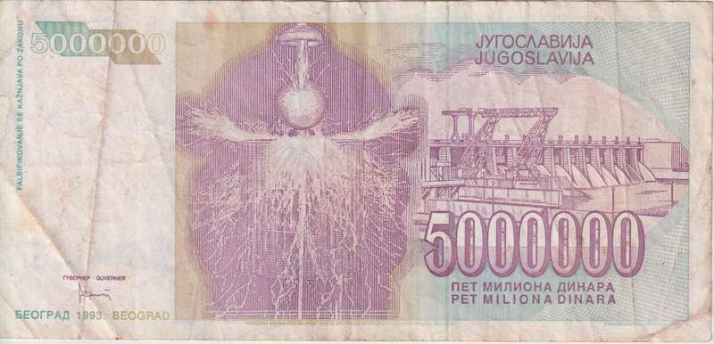 HYPER INFLATION BANKNOTE- YUGOSLAVIA 5 000 000 (5 MILLION) Dinara  1993 P122 VF (NIKOLA TESLA)